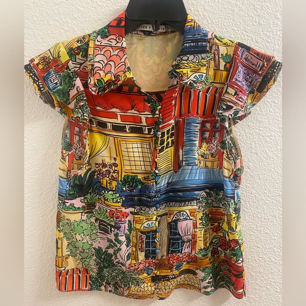 Alice + Olivia Multicolor Cafe Blouse with Artistic Print